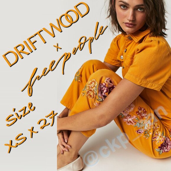 Free People x Driftwood Puff Sleeve Embroidered Jumpsuit Sz XS